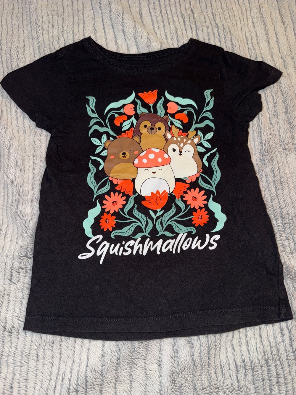 Squishmallows Black Tee with Teal and Orange Forest Crew